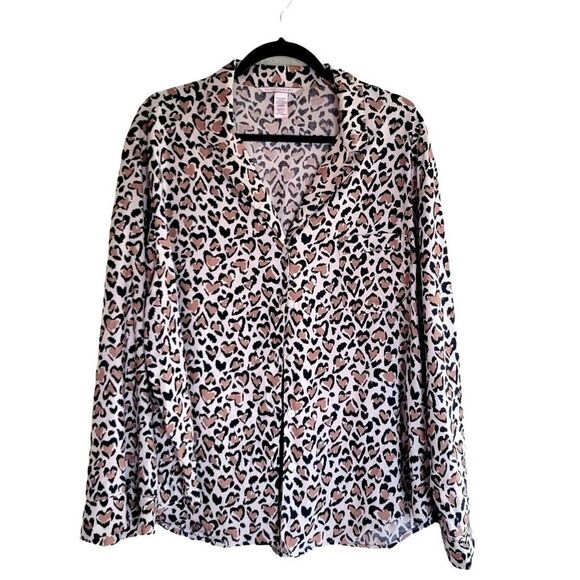 Victoria's Secret Womens Top Brown Leopard Print XL Sleep Shirt Plus Size Collar - Picture 1 of 6